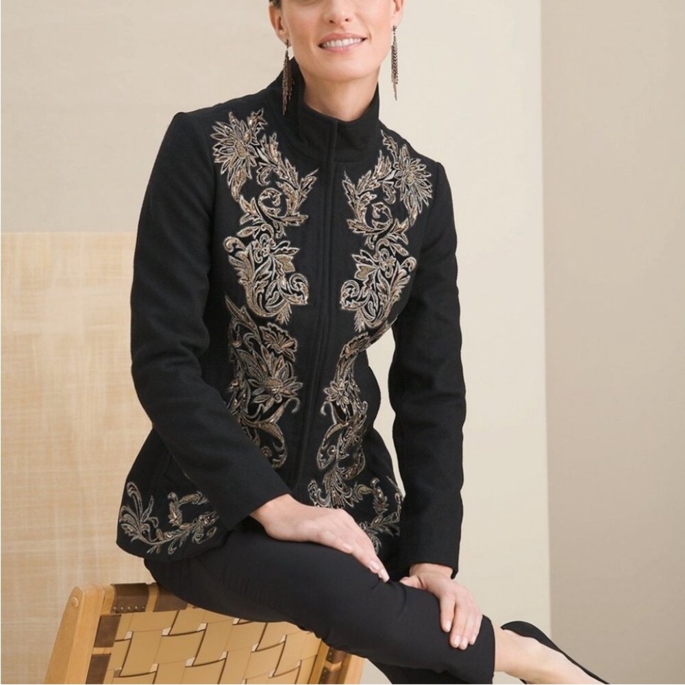 Chico’s NWT Embellished Black Gold Embroidered Women's Mock-neck Wool Jacket, 12
